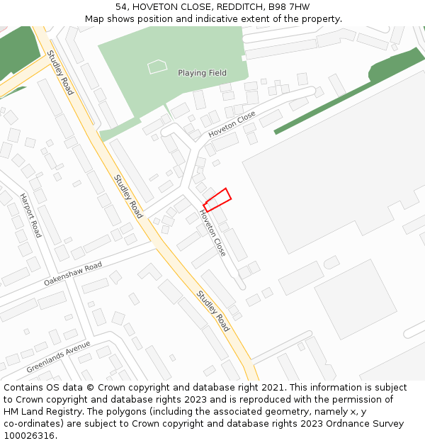 54, HOVETON CLOSE, REDDITCH, B98 7HW: Location map and indicative extent of plot