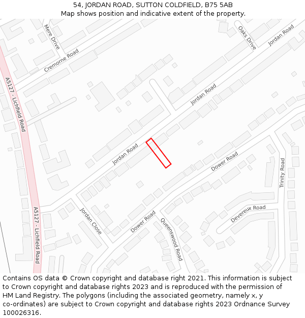 54, JORDAN ROAD, SUTTON COLDFIELD, B75 5AB: Location map and indicative extent of plot