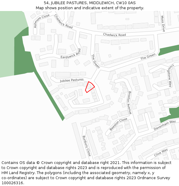54, JUBILEE PASTURES, MIDDLEWICH, CW10 0AS: Location map and indicative extent of plot