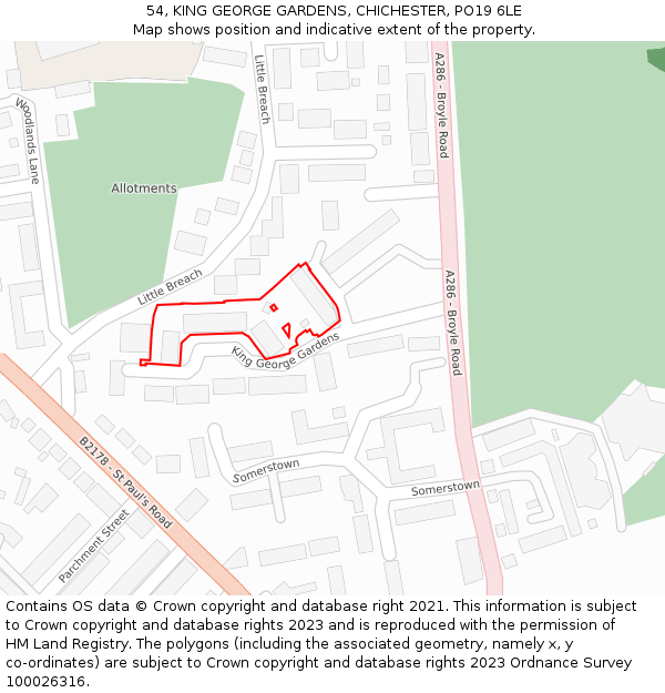 54, KING GEORGE GARDENS, CHICHESTER, PO19 6LE: Location map and indicative extent of plot