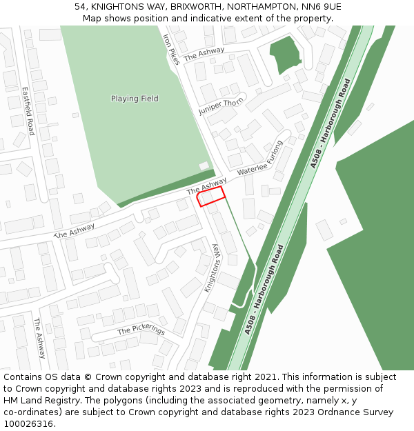 54, KNIGHTONS WAY, BRIXWORTH, NORTHAMPTON, NN6 9UE: Location map and indicative extent of plot
