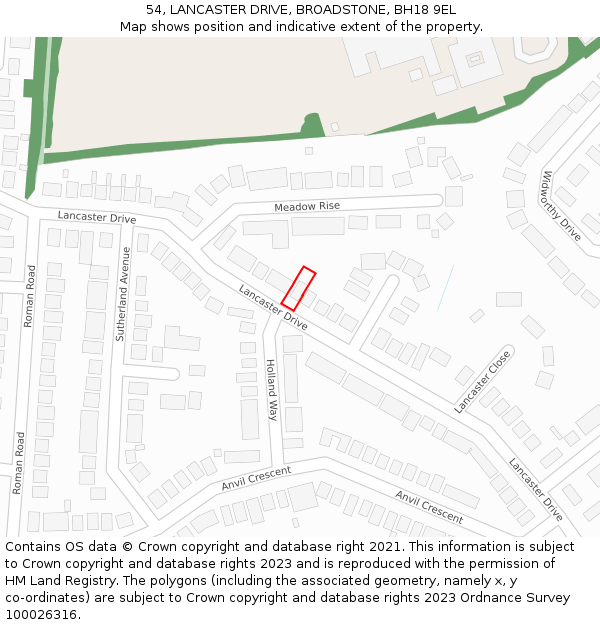 54, LANCASTER DRIVE, BROADSTONE, BH18 9EL: Location map and indicative extent of plot