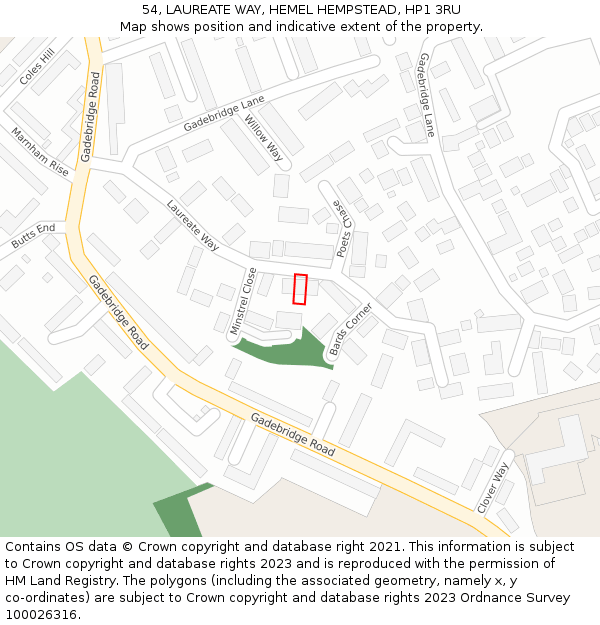 54, LAUREATE WAY, HEMEL HEMPSTEAD, HP1 3RU: Location map and indicative extent of plot