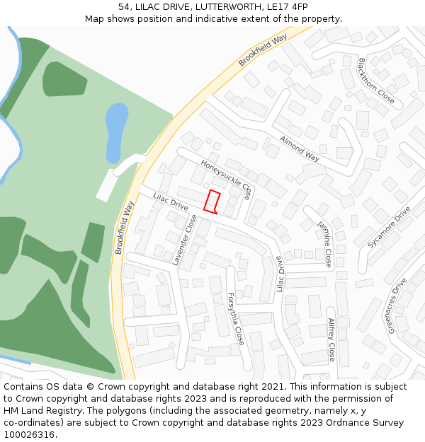 54, LILAC DRIVE, LUTTERWORTH, LE17 4FP: Location map and indicative extent of plot