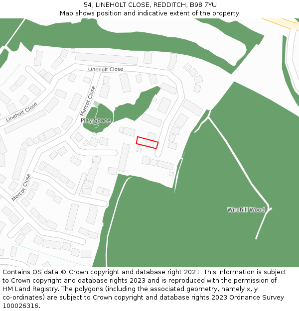 54, LINEHOLT CLOSE, REDDITCH, B98 7YU: Location map and indicative extent of plot