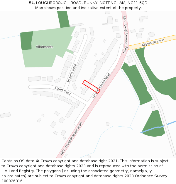 54, LOUGHBOROUGH ROAD, BUNNY, NOTTINGHAM, NG11 6QD: Location map and indicative extent of plot