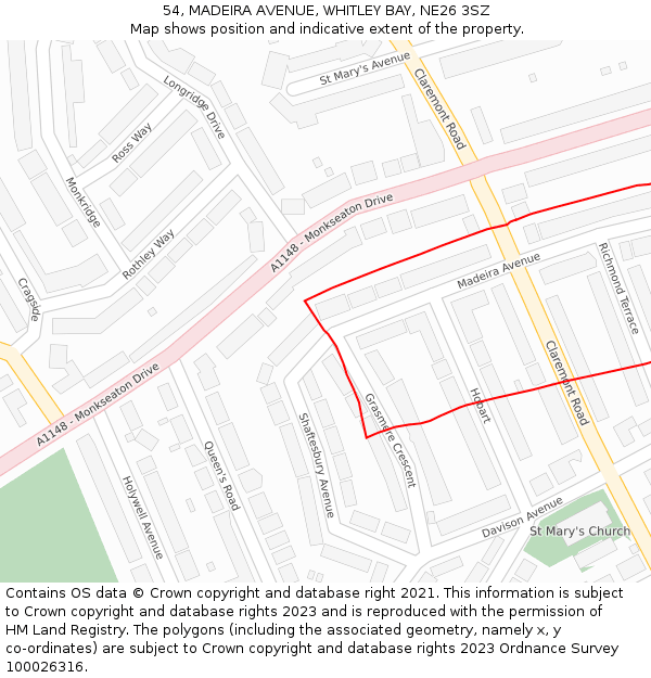 54, MADEIRA AVENUE, WHITLEY BAY, NE26 3SZ: Location map and indicative extent of plot