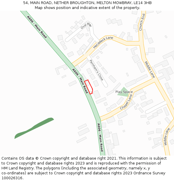 54, MAIN ROAD, NETHER BROUGHTON, MELTON MOWBRAY, LE14 3HB: Location map and indicative extent of plot