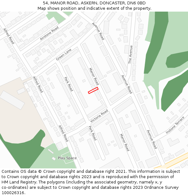 54, MANOR ROAD, ASKERN, DONCASTER, DN6 0BD: Location map and indicative extent of plot