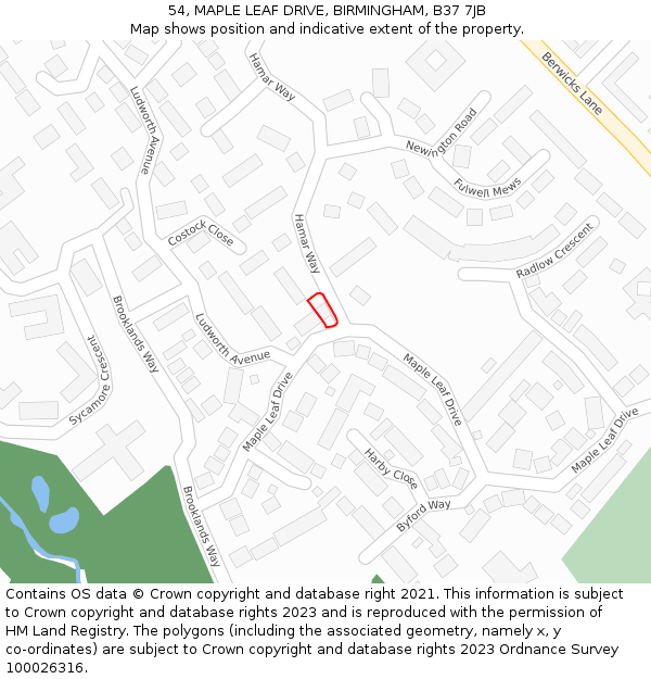 54, MAPLE LEAF DRIVE, BIRMINGHAM, B37 7JB: Location map and indicative extent of plot