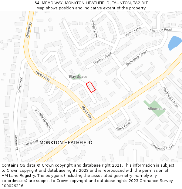 54, MEAD WAY, MONKTON HEATHFIELD, TAUNTON, TA2 8LT: Location map and indicative extent of plot
