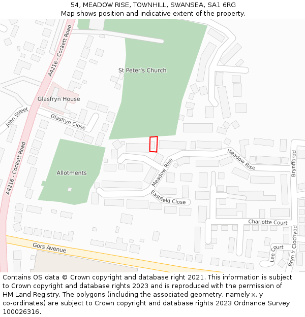 54, MEADOW RISE, TOWNHILL, SWANSEA, SA1 6RG: Location map and indicative extent of plot