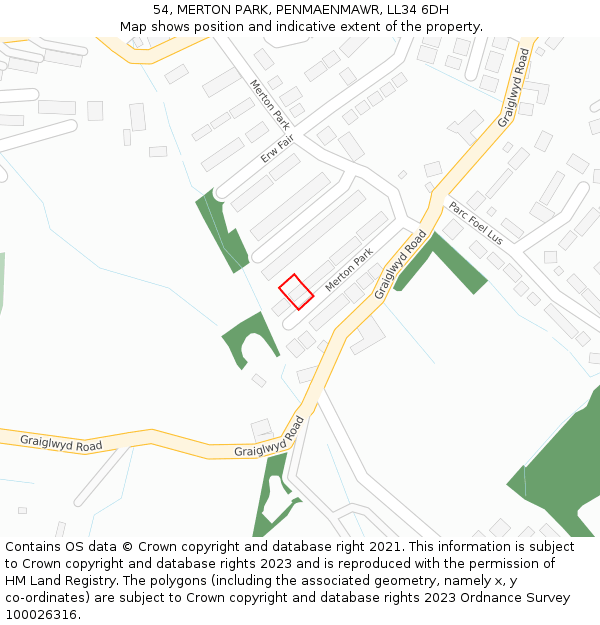 54, MERTON PARK, PENMAENMAWR, LL34 6DH: Location map and indicative extent of plot