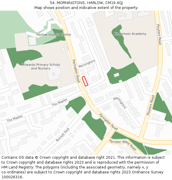 54, MORNINGTONS, HARLOW, CM19 4QJ: Location map and indicative extent of plot