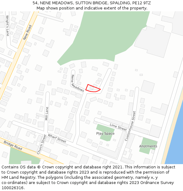 54, NENE MEADOWS, SUTTON BRIDGE, SPALDING, PE12 9TZ: Location map and indicative extent of plot