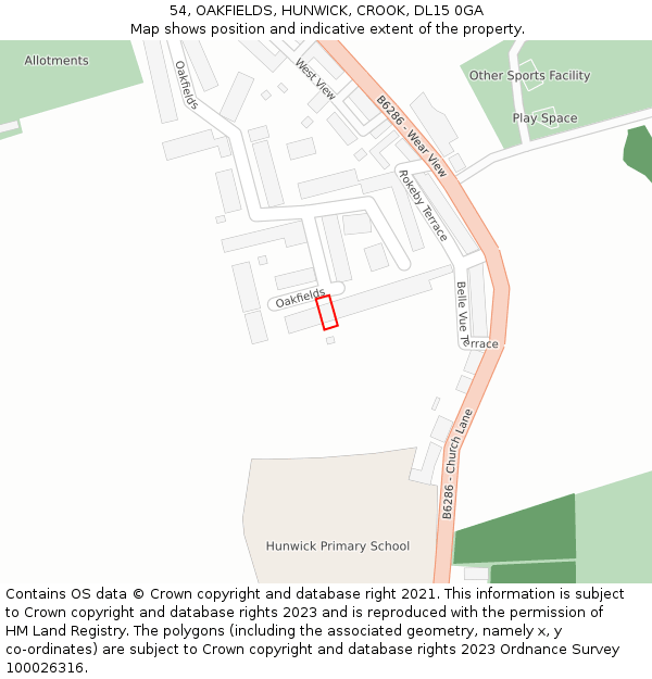 54, OAKFIELDS, HUNWICK, CROOK, DL15 0GA: Location map and indicative extent of plot