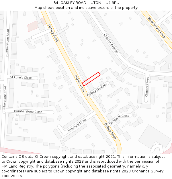 54, OAKLEY ROAD, LUTON, LU4 9PU: Location map and indicative extent of plot