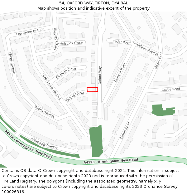 54, OXFORD WAY, TIPTON, DY4 8AL: Location map and indicative extent of plot