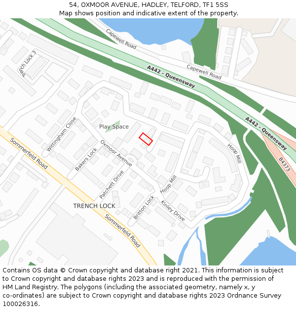 54, OXMOOR AVENUE, HADLEY, TELFORD, TF1 5SS: Location map and indicative extent of plot