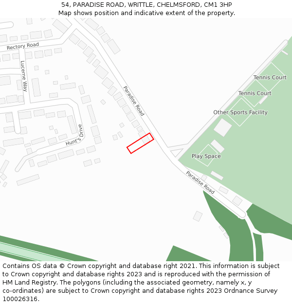 54, PARADISE ROAD, WRITTLE, CHELMSFORD, CM1 3HP: Location map and indicative extent of plot