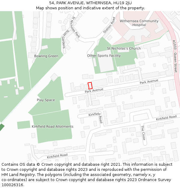 54, PARK AVENUE, WITHERNSEA, HU19 2JU: Location map and indicative extent of plot