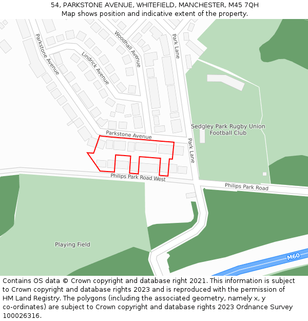 54, PARKSTONE AVENUE, WHITEFIELD, MANCHESTER, M45 7QH: Location map and indicative extent of plot