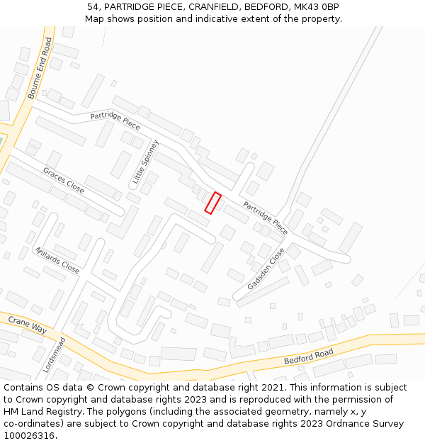 54, PARTRIDGE PIECE, CRANFIELD, BEDFORD, MK43 0BP: Location map and indicative extent of plot