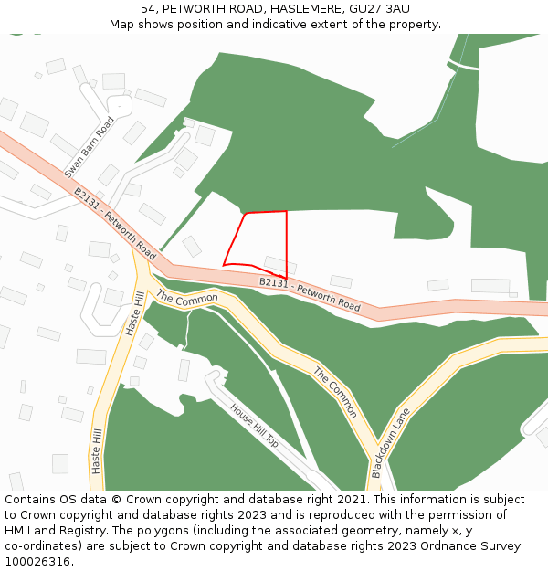 54, PETWORTH ROAD, HASLEMERE, GU27 3AU: Location map and indicative extent of plot