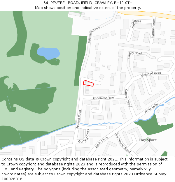 54, PEVEREL ROAD, IFIELD, CRAWLEY, RH11 0TH: Location map and indicative extent of plot