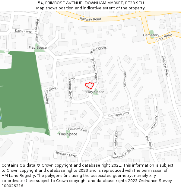 54, PRIMROSE AVENUE, DOWNHAM MARKET, PE38 9EU: Location map and indicative extent of plot