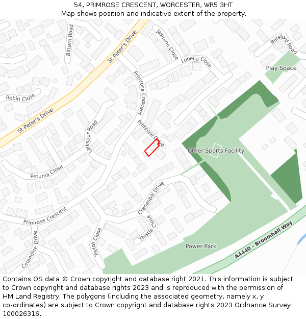 54, PRIMROSE CRESCENT, WORCESTER, WR5 3HT: Location map and indicative extent of plot