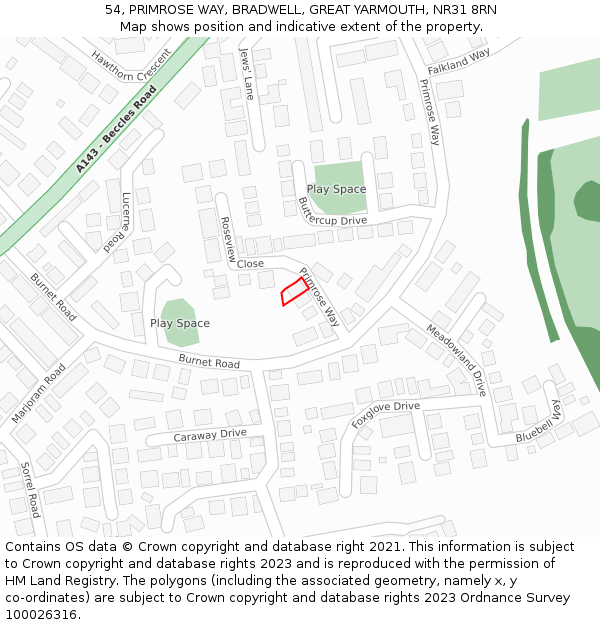 54, PRIMROSE WAY, BRADWELL, GREAT YARMOUTH, NR31 8RN: Location map and indicative extent of plot
