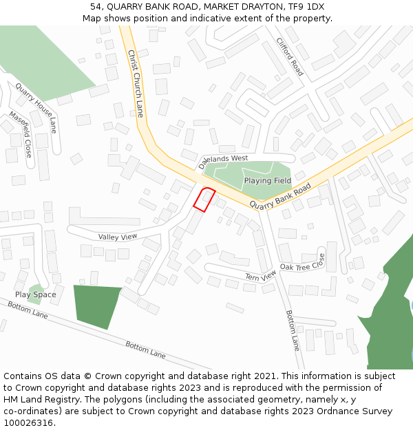 54, QUARRY BANK ROAD, MARKET DRAYTON, TF9 1DX: Location map and indicative extent of plot