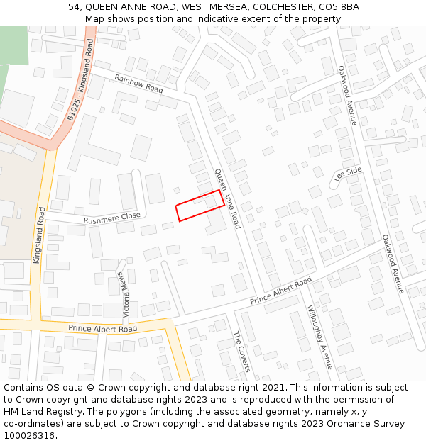 54, QUEEN ANNE ROAD, WEST MERSEA, COLCHESTER, CO5 8BA: Location map and indicative extent of plot