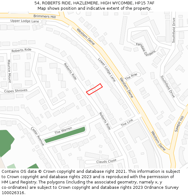 54, ROBERTS RIDE, HAZLEMERE, HIGH WYCOMBE, HP15 7AF: Location map and indicative extent of plot