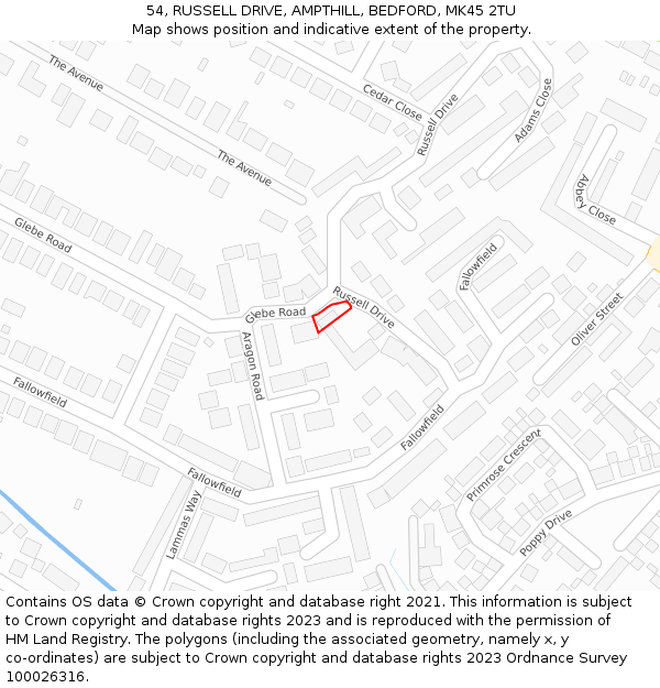 54, RUSSELL DRIVE, AMPTHILL, BEDFORD, MK45 2TU: Location map and indicative extent of plot