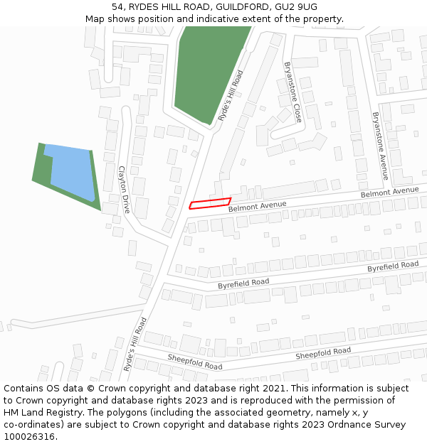 54, RYDES HILL ROAD, GUILDFORD, GU2 9UG: Location map and indicative extent of plot