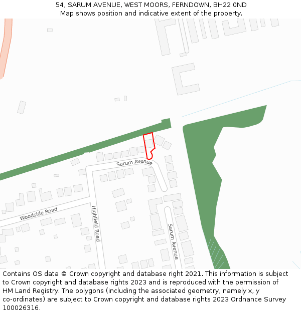 54, SARUM AVENUE, WEST MOORS, FERNDOWN, BH22 0ND: Location map and indicative extent of plot