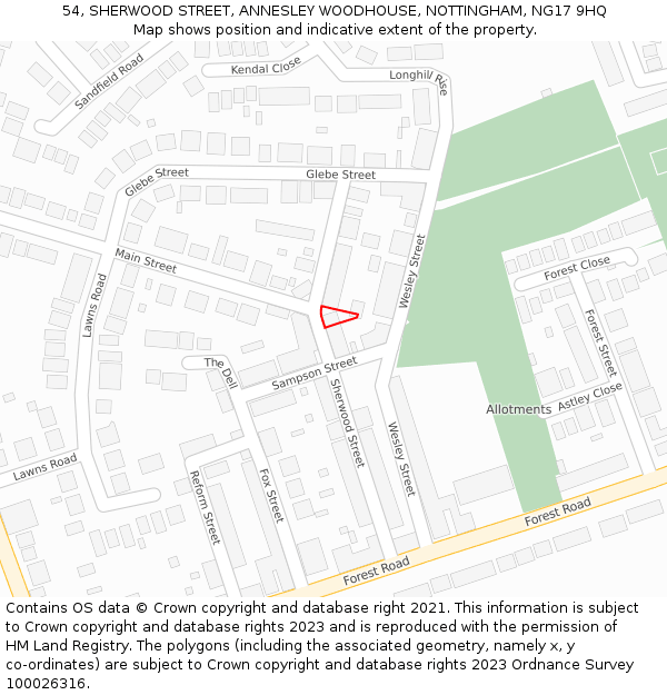 54, SHERWOOD STREET, ANNESLEY WOODHOUSE, NOTTINGHAM, NG17 9HQ: Location map and indicative extent of plot