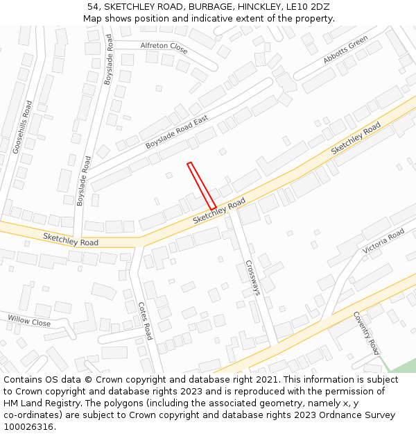 54, SKETCHLEY ROAD, BURBAGE, HINCKLEY, LE10 2DZ: Location map and indicative extent of plot