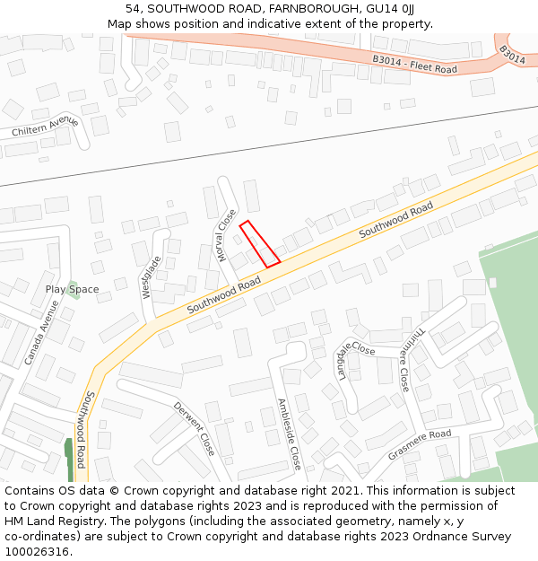 54, SOUTHWOOD ROAD, FARNBOROUGH, GU14 0JJ: Location map and indicative extent of plot