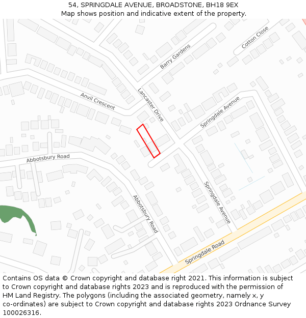 54, SPRINGDALE AVENUE, BROADSTONE, BH18 9EX: Location map and indicative extent of plot