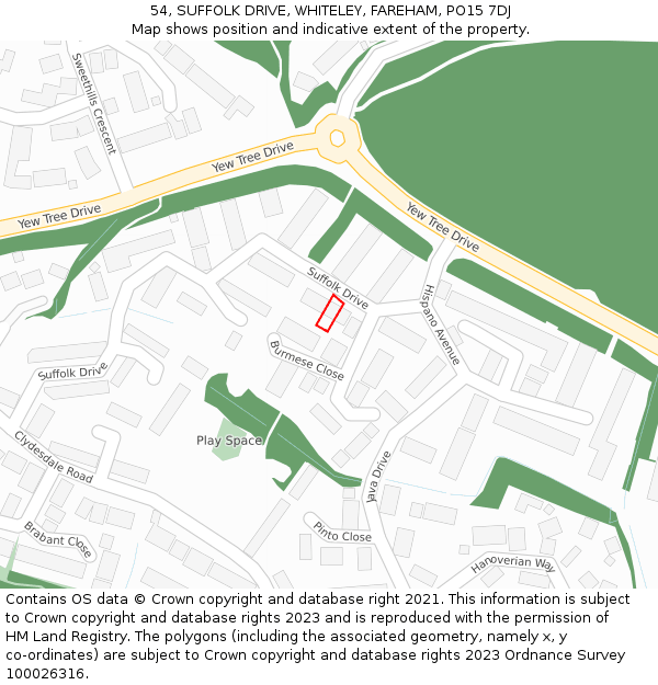 54, SUFFOLK DRIVE, WHITELEY, FAREHAM, PO15 7DJ: Location map and indicative extent of plot