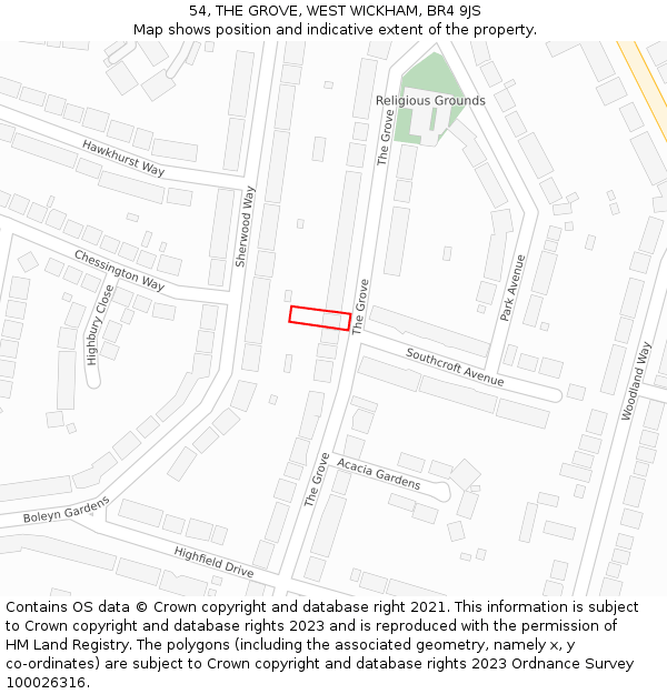 54, THE GROVE, WEST WICKHAM, BR4 9JS: Location map and indicative extent of plot