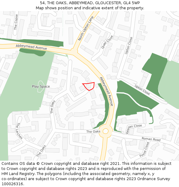 54, THE OAKS, ABBEYMEAD, GLOUCESTER, GL4 5WP: Location map and indicative extent of plot