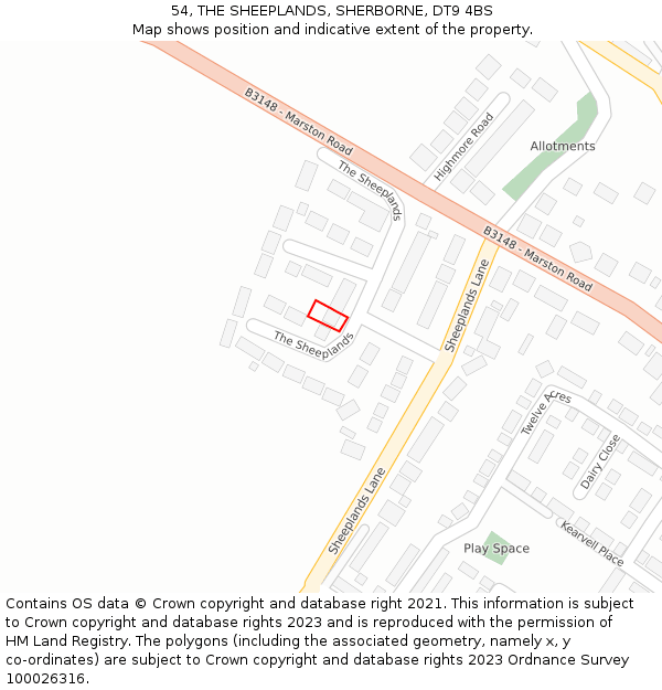 54, THE SHEEPLANDS, SHERBORNE, DT9 4BS: Location map and indicative extent of plot