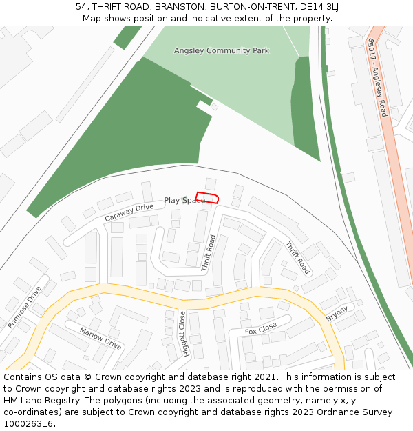 54, THRIFT ROAD, BRANSTON, BURTON-ON-TRENT, DE14 3LJ: Location map and indicative extent of plot