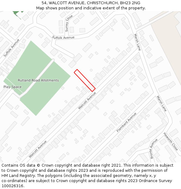 54, WALCOTT AVENUE, CHRISTCHURCH, BH23 2NG: Location map and indicative extent of plot