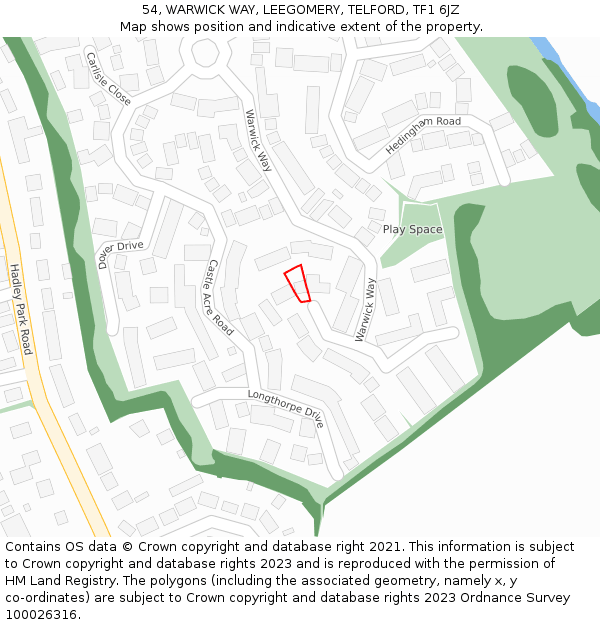 54, WARWICK WAY, LEEGOMERY, TELFORD, TF1 6JZ: Location map and indicative extent of plot