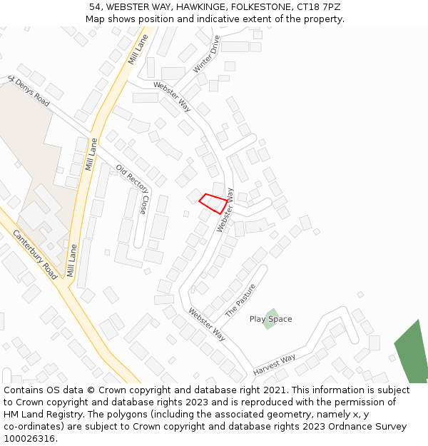 54, WEBSTER WAY, HAWKINGE, FOLKESTONE, CT18 7PZ: Location map and indicative extent of plot